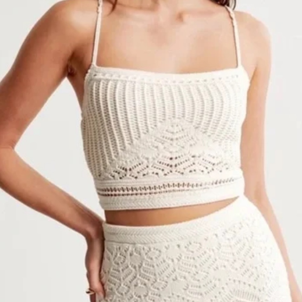 Crochet Knit Cream Crop Cami Top & Skirt